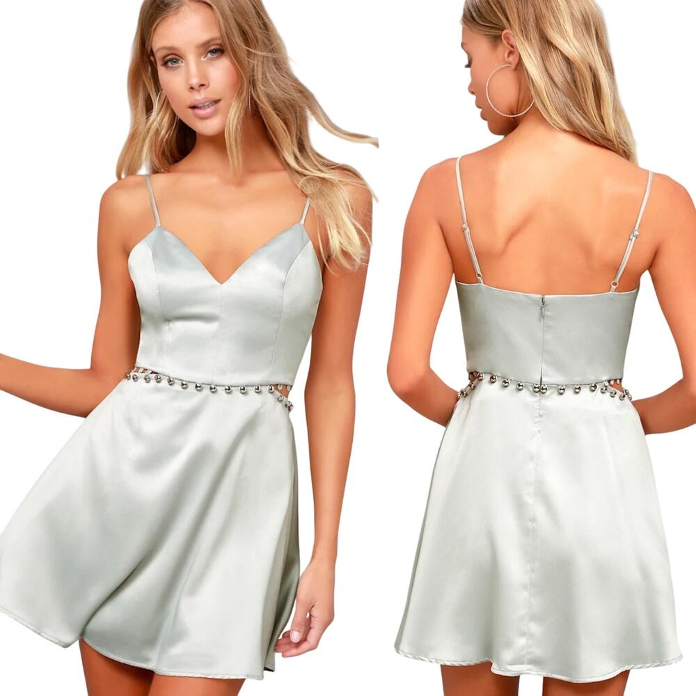 NBD Brandi Skater Mini Dress Satin Fit & Flare Waist Buttons Metallic Silver S